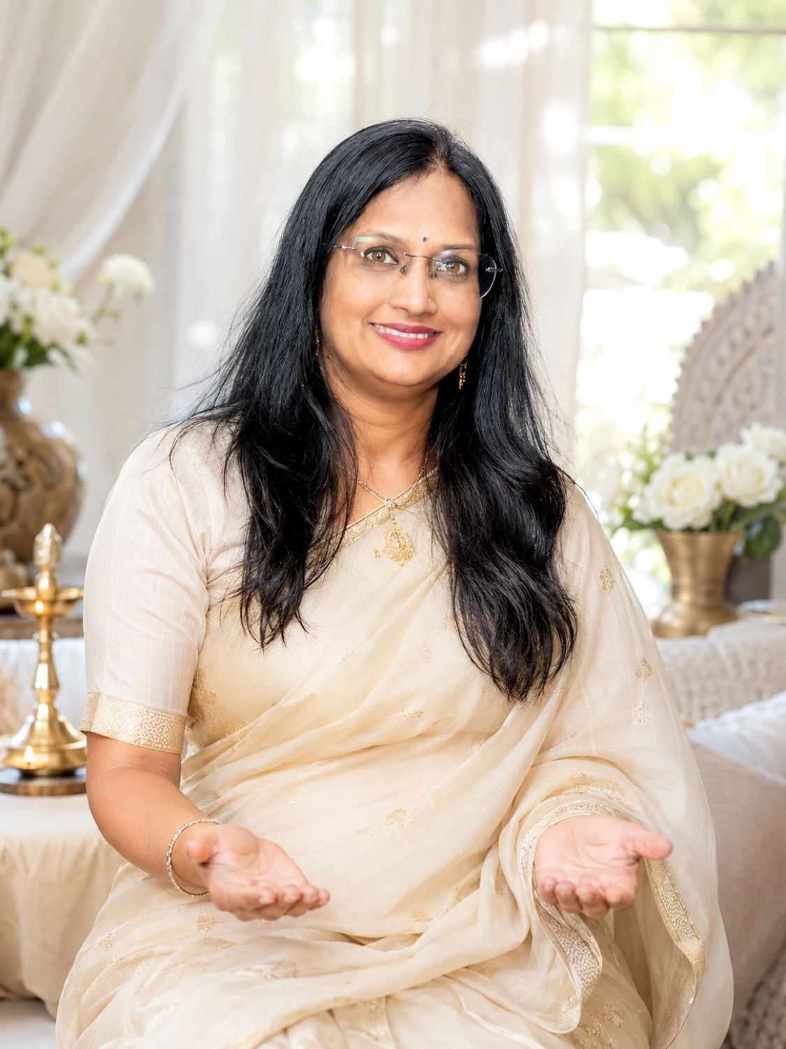 Anju Pahade, Reiki healer, seated in a cream saree with palms open in a gesture of healing