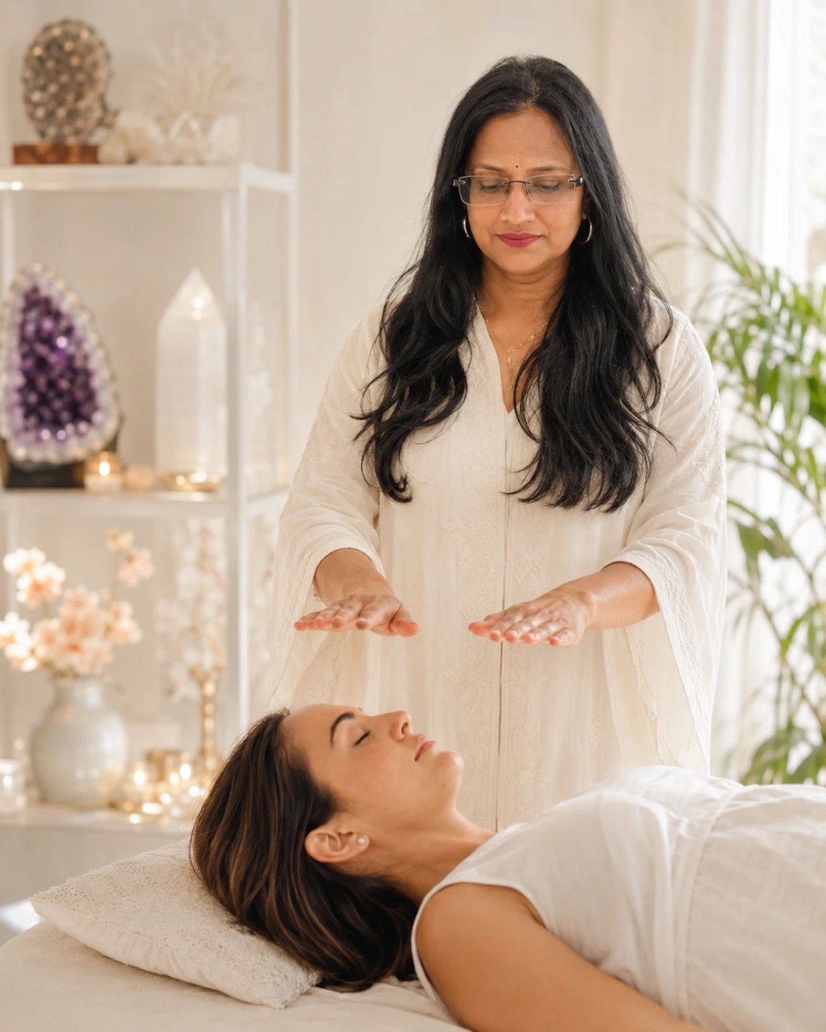 Anju Pahade performing a Reiki healing session, hands hovering over a relaxed client in a serene crystal-filled room
